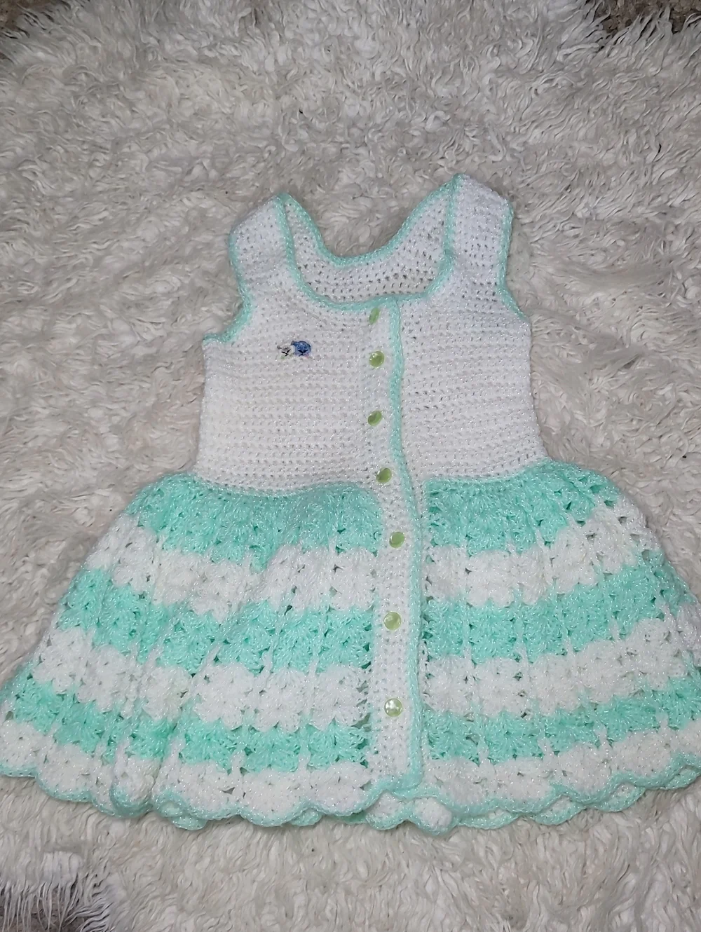 White and Mint Green Crochet Girls' Casual Dress